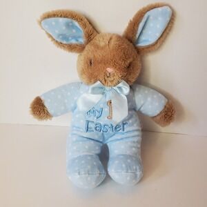 My‎ 1st First Easter Bunny Rabbit Rattle Plush Stuffed Brown Blue 8"  Polka Dot